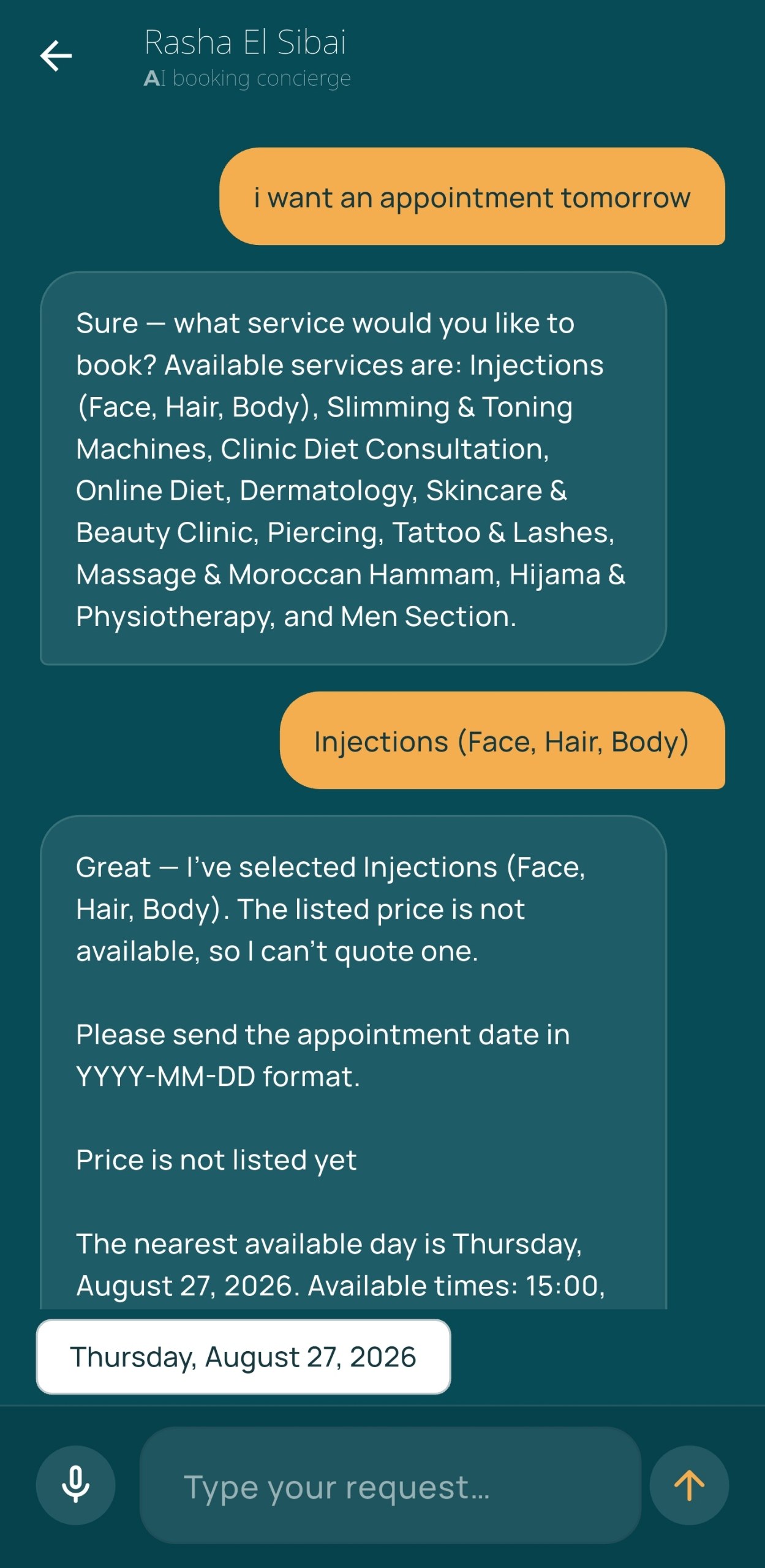 Booking with the AI assistant in the 3alMaw3ed app